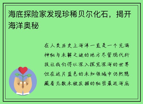 海底探险家发现珍稀贝尔化石，揭开海洋奥秘