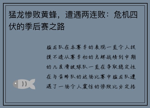 猛龙惨败黄蜂，遭遇两连败：危机四伏的季后赛之路
